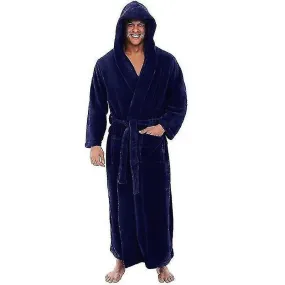 Flannel Male With Hooded, Thick Warm Gown Robe, Bathrobe Extra Long Kimono