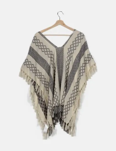 Free People Poncho beige estampado flecos