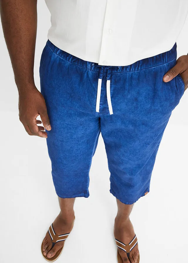 Pantalón sin cierre 3/4 con lino, regular fit Azul