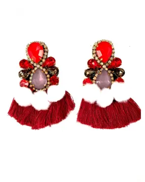 PENDIENTES DE MODA CON FLECOS, POMPONES Y CRISTALES,TENDENCIA, IDEALES PARA COMBINAR TONOS ROJOS CON BLANCOS